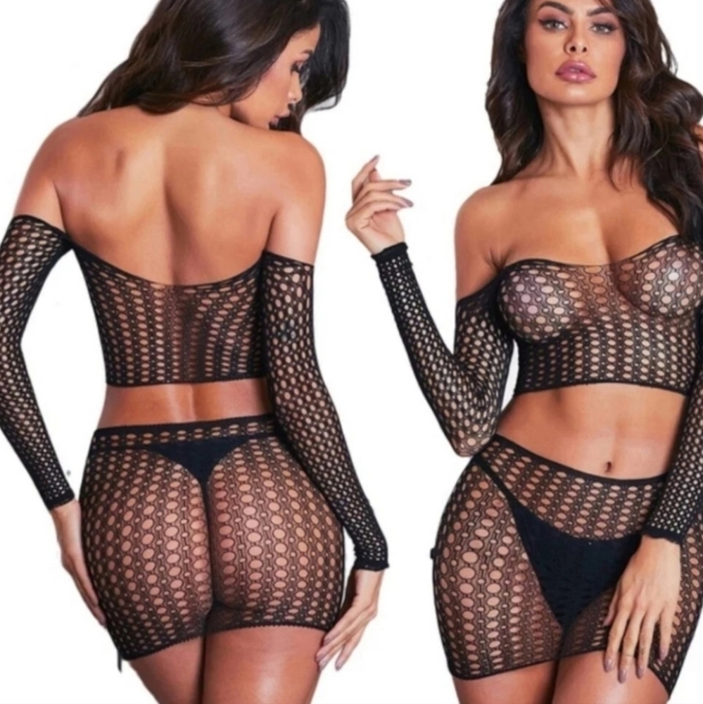 Two Piece Fishnet Body Stocking Set Skirt/Top Black One Size